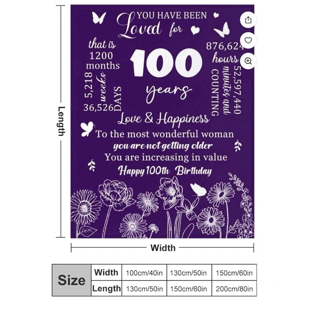 100th Birthday Blanket, 50x60,‎ Gift, Women, Grandma, 100 Year Old, Decor